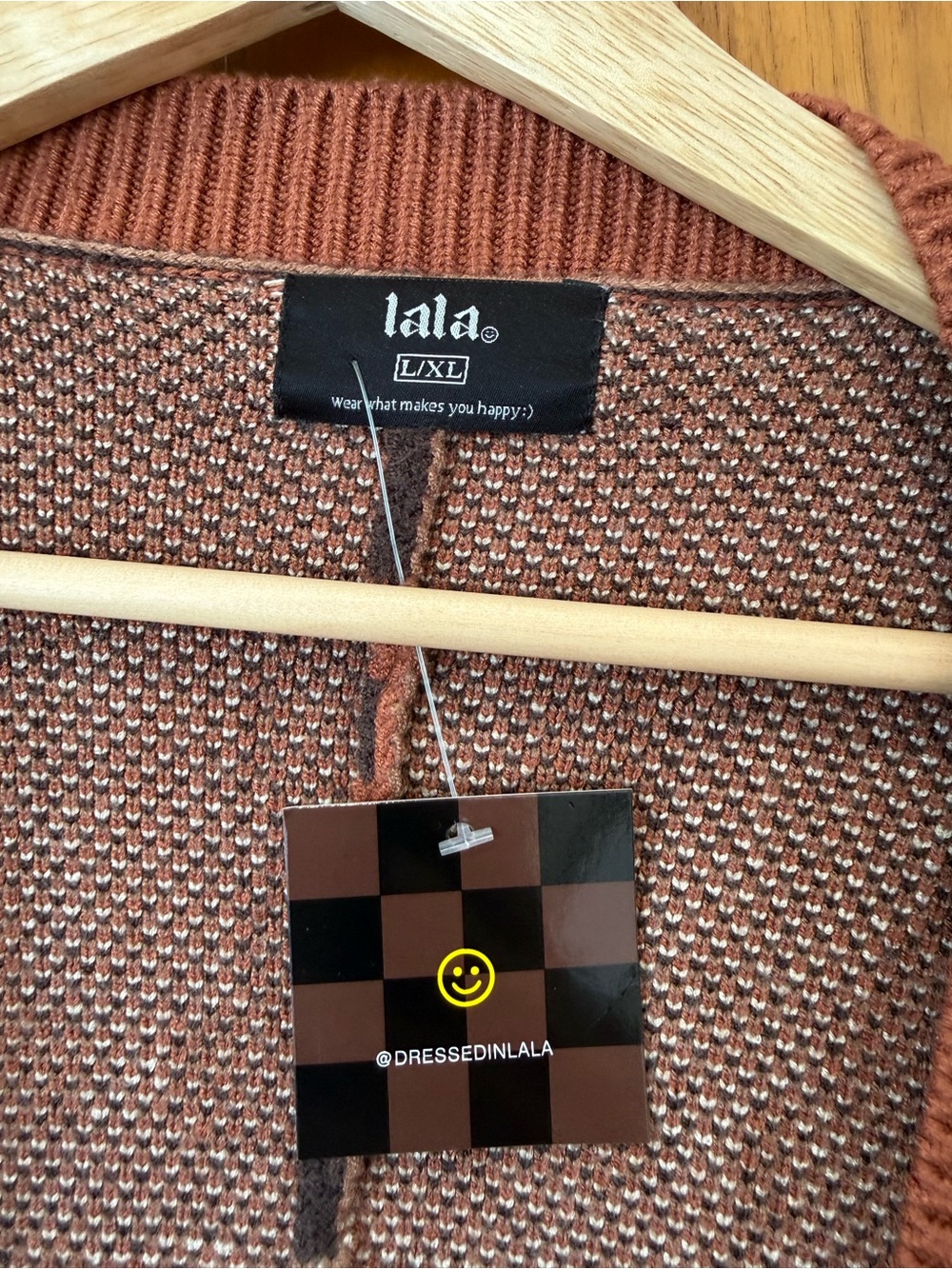 Dressed in Lala Graphic Button Cardigan in Brown and Black - Picture 3 of 3